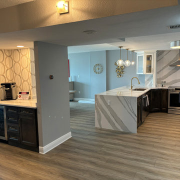 Custom Kitchen Shaker Base Cabinets, Quartz Counters, Floating Shelves