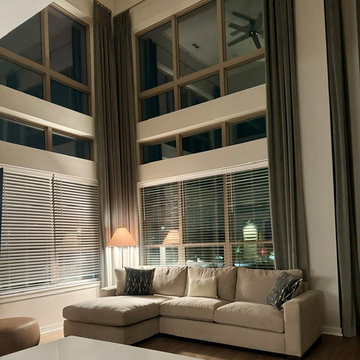 Grey Velvet Pinch Pleat and Lined Drapery Side Panels on Dramatically High Windo