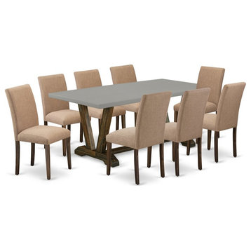 East West Furniture V-Style 9-piece Wood Dining Set in Jacobean Brown/Cement