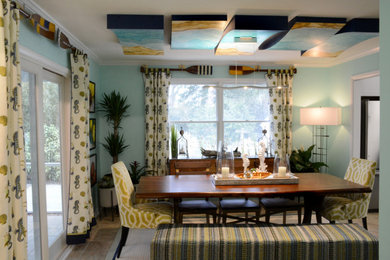 Inspiration for a mid-sized coastal ceramic tile and brown floor kitchen/dining room combo remodel in Other with blue walls and no fireplace