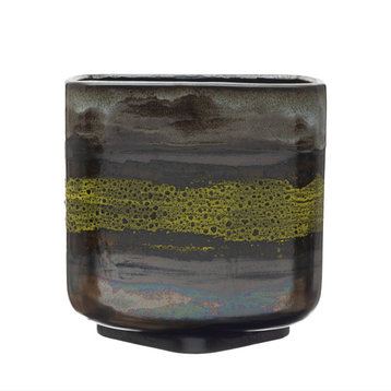 Stoneware Planter, Charcoal and Chartreuse Reactive Glaze