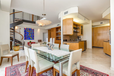 Small trendy white floor great room photo in Miami with white walls and no fireplace