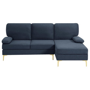 Elegant Sectional Sofa, Golden Legs With Detachable Armrest Pillows, Navy Blue