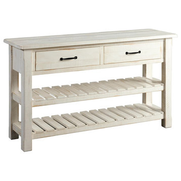Farmhouse Console Table, 2 Storage Drawers and 2 Slatted Shelves, White