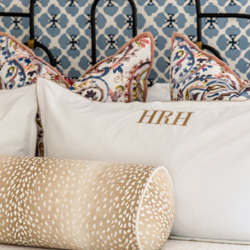 Blue Wallpaper and Matching Roman Shade in an Updated Guest Bedroom