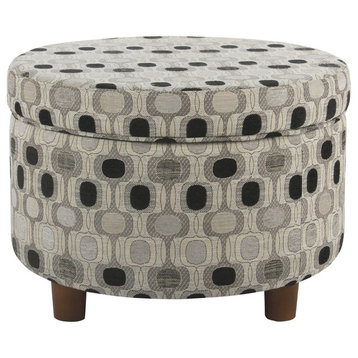 Wooden Ottoman With Geometric Patterned Fabric Upholstery & Hidden Storage