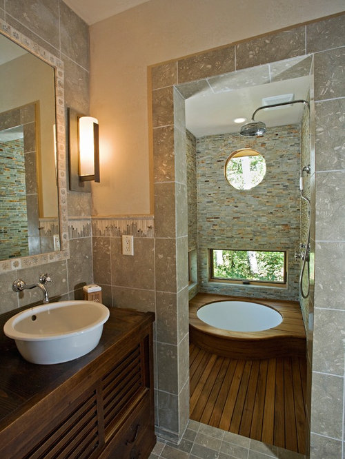 Rustic Bathroom Design Ideas, Renovations & Photos with Green Tiles