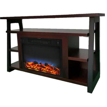 Modern TV Console, Open Design With Multiple Shelves & Fireplace, Mahogany