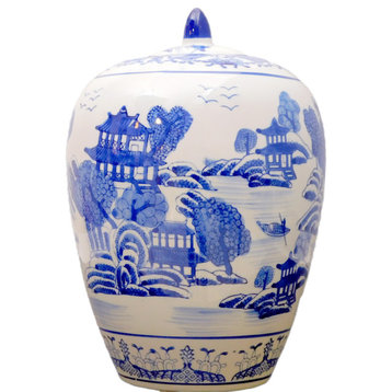Chinese Blue and White 11" High Porcelain Jar With Canton Landscape Painting