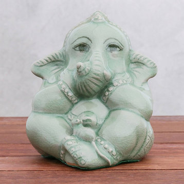 NOVICA Ganesha And The Mouse And Celadon Ceramic Figurine