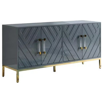 Contemporary Sideboard, Golden Base & Geometric Accented Doors, High Gloss Gray