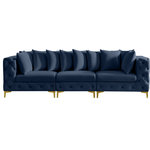 Meridian Furniture - Tremblay Velvet Upholstered 3-Piece Modular Sofa, Navy - Lean back and relax on this Tremblay sofa. Featuring soft navy velvet upholstery with deep button tufting, this sofa adds a bold touch to any living space. A complete set of gold and chrome legs are included, so you can change it up to suit your home decor. This sofa is modular, so you can create infinite configurations with it, which are easily attached using the latch underneath the frame. Its contemporary design is perfect for the modern home.