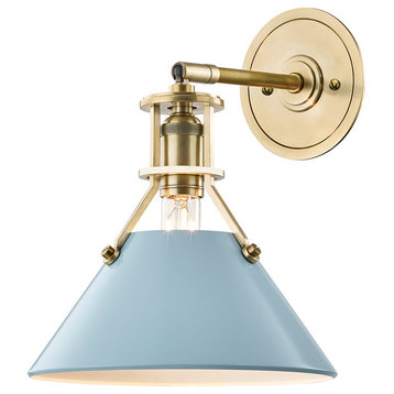 Painted No.2 1-Light Wall Sconce, Aged Brass/Blue Bird With Blue Bird Shade