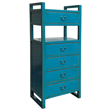 Oriental Bright Benitoite Blue Drawers Open Shelves Chest Cabinet Stand Hcs7564