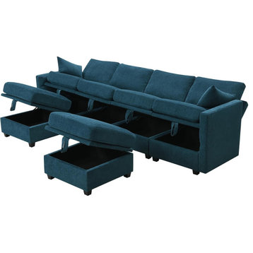 Sectional Sofa, Unique Design With Plenty Storage Space & Adjustable Back, Blue