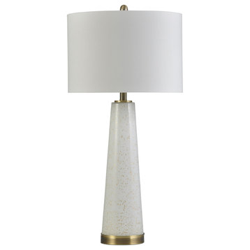 Tasia, Glass and Metal Pillar Table Lamp with Drum Shade, White With Gold Flecks