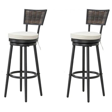 Set of 2 Outdoor Bar Stool, Swiveling Cushioned Round Seat & Rattan Back, Beige