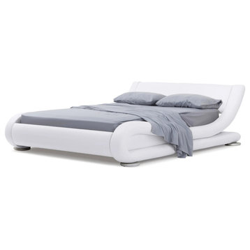 Modern Marlo White Genuine Leather Queen Size Platform Bed
