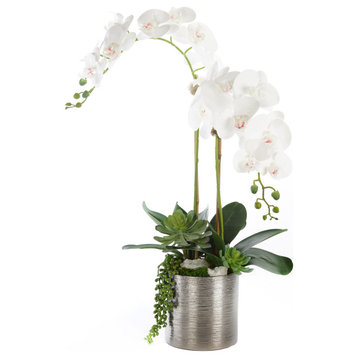 Real Touch White Orchid Flower Arrangement, Silver Ceramic Pot