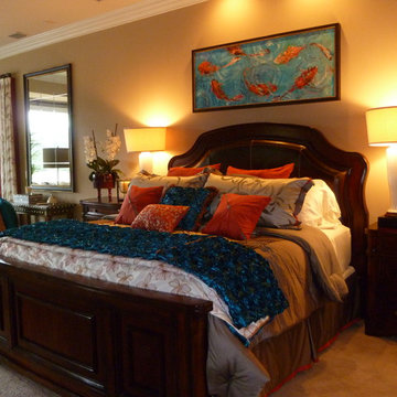 Drapes, bedding, pillows, throw