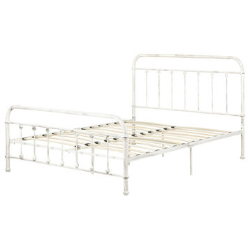Queen Platform Bed, Wooden Slats & Head/Footboard With Rounded Edges, White Wash