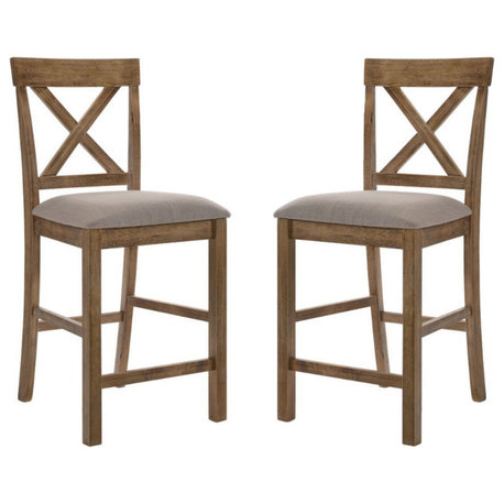 Set of 2 Linen Upholstered Counter Height Chair, Tan Linen/Weathered Oak