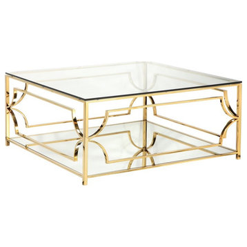 American Home Classic Edward Square Metal and Glass Coffee Table in Polish Gold
