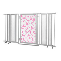 Fusion Gates - Fusion Gate with Songbirds in Pink Design, Satin Nickel, 65"-71.4" - Dog Gates
