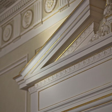 Gilding and detailing of millwork in 24 karat gold and 12 karat white gold.