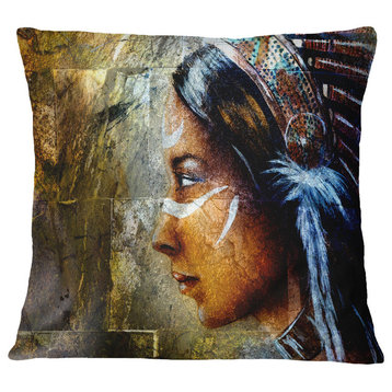 Indian Woman With Headdress Portrait Throw Pillow, 18"x18"