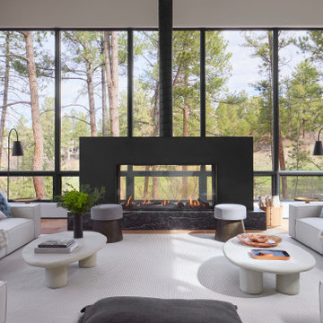 Antique Steel Double-Sided Fireplace, Castle Pines Great Room | Raw Urth Designs