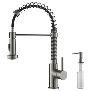 Aurora Single Handle Pull Down Kitchen Faucet, Titanium, W/ Soap Dispenser