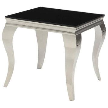 Contemporary End Table, Tapered Chrome Finished Legs With Black Glass Top