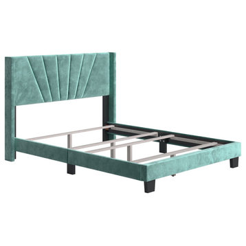 Contemporary Platform Bed, Velvet Fabric & Unique Tufted Headboard, Aqua, King