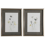 Uttermost - Uttermost Stem Illusion Floral Art Set of 2 - Traditional And Modern Styles Merge With These Floral Prints. Shades Of Forest Green, Yellow, And Gray Are Set On An Off-white Background With Deckled Edge Detailing. Each Print Floats Above A Dark Gray Mat. A Silver Leaf Frame With A Black Inner Lip Completes Each Piece Of Artwork. Each Print Is Placed Under Protective Glass.