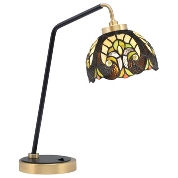 1-Light Desk Lamp, Matte Black/New Age Brass, 7" Ivory Cypress Art Glass