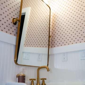 Transitional Guest Bathroom with Statement Tile, Wallpaper & Brass Fixtures