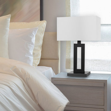 D'Alessio 20" Table Lamp, Matte Black, White Linen Shade, On/Off Socket Rotary S