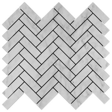 12"x12" Carrara Marble Italian Bianco Herringbone Mosaic Tile Honed, Chip: 1"x3"