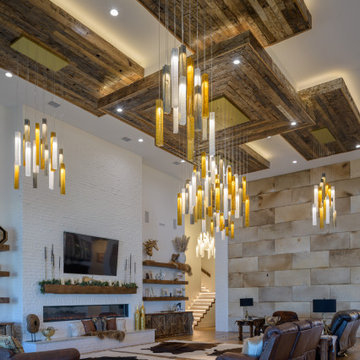 Cascading Glass Lighting Defining a High-Ceiling Interior