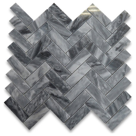 Bardiglio Gray Dark Grey Marble 1x3 Herringbone Mosaic Tile Polished, 1 sheet