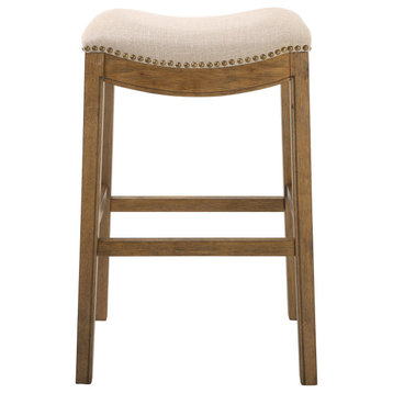 Bar Height Saddle Style Counter Stool With Cream Fabric And Nail Head Trim