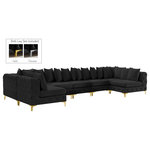 Meridian Furniture - Tremblay Velvet Upholstered 8-Piece Modular U-Shaped Sectional, Black - Lean back and relax on this Tremblay sectional. Featuring soft black velvet upholstery with deep button tufting, this sectional adds a bold touch to any living space. A complete set of gold and chrome legs are included, so you can change it up to suit your home decor. This sectional is modular, so you can create infinite configurations with it, which are easily attached using the latch underneath the frame. Its contemporary design is perfect for the modern home.