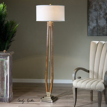 Midcentury Curved Wood Floor Lamp, Retro Bronze Vintage Style