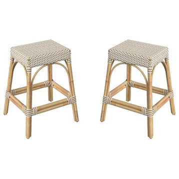 Home Square 24.5" Rattan Counter Stool in White and Tan Dot - Set of 2