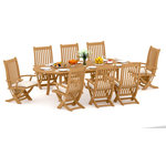 Teak Deals - 9-Piece Outdoor Teak Dining Set, 94" Extension Oval Table, 8 Warwick Arm Chairs - Our Teak Dining Set is a uniquely modern interplay of very durable teak wood featuring our beautiful Teak Chairs. Our teak wood is certified to withstand the rigors of adverse climates however because of Teak's well known micro-smooth finish and quality craftsmanship many use our furniture indoors as well. Rich in oil finely grained and precisely fashioned with mortise-and-tenon joinery.