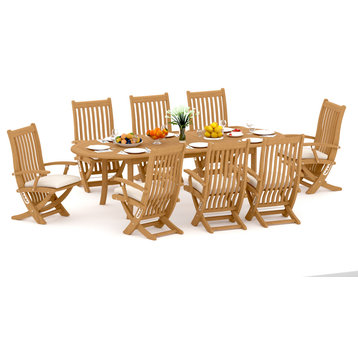 9-Piece Outdoor Teak Dining Set, 94" Extension Oval Table, 8 Warwick Arm Chairs