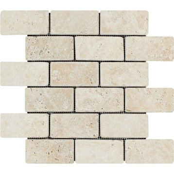 12"x12" Tumbled Ivory Travertine Brick Mosaic, Set of 50