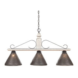 Handmade In USA - Wood and Wrought Iron Bar Island Light With Punched Tin Shades, Vintage White - Kitchen Island Lighting