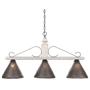 Wood and Wrought Iron Bar Island Light With Punched Tin Shades, Vintage White